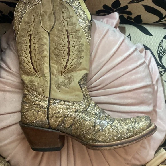 🎀 Gorgeous Glitter | Lace Cowboy Boots | Leather Size 6.5 EUC Embroidered - Picture 3 of 5